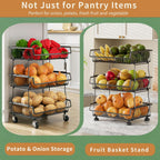 OKZEST Pantry Organizers and Storage Cart with Upgraded Metal Hub Casters | Fits under pantry shelf, stackable fine-mesh wire baskets, 3-tier rolling cart holds drink, snack, can, potato, onion, fruit