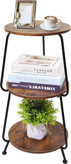Small Round Side Table - 3 Tier End Table with Storage Shelf, Slim Industrial Coffee Table for Small Spaces, Living Room & Bedroom Narrow Gaps, Rustic Brown