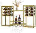 Wall-Mounted Wine Rack Tiered, Bistro Metal Hanging Bar Shelf, Floating Liquor Shelves with Glass Holders for Bars Club Home, Gold