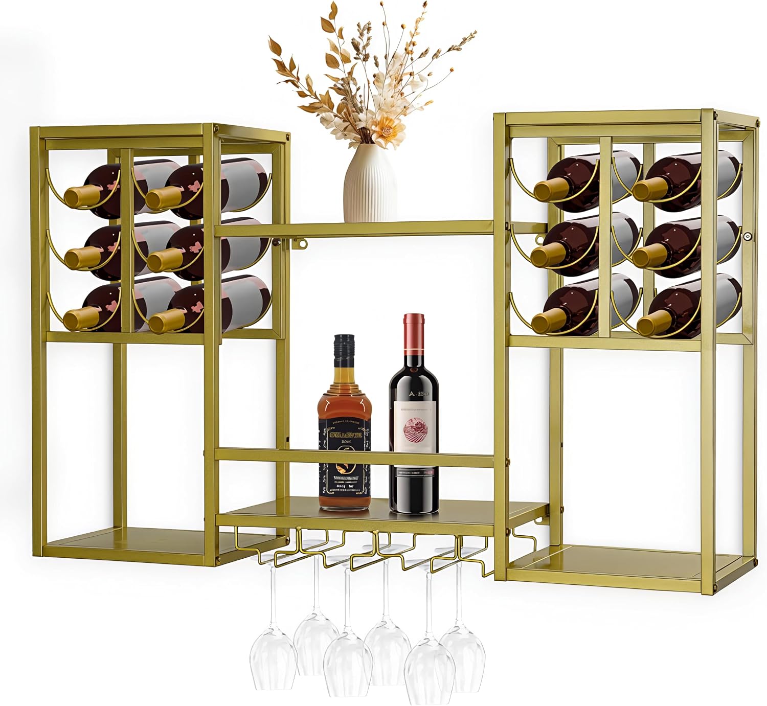 Wall-Mounted Wine Rack Tiered, Bistro Metal Hanging Bar Shelf, Floating Liquor Shelves with Glass Holders for Bars Club Home, Gold