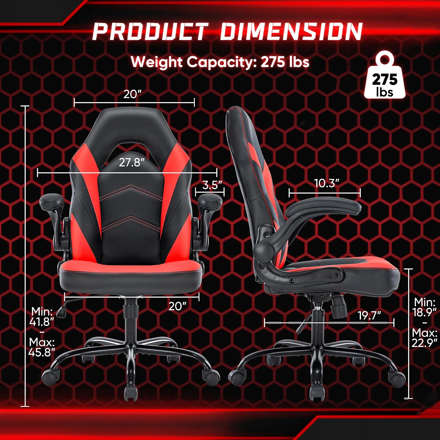 OLIXIS Computer Gaming Chair, Lumbar Support, Video Game | PU Leather, Flip-up Armrests, Adjustable Height, 360° Swivel Wheels, Ergonomic Home Office Desk, Black and Red