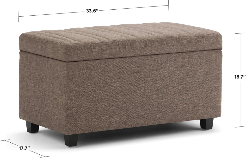 SIMPLIHOME Darcy 33 inch Wide Contemporary Rectangle Storage Ottoman Bench in Fawn Brown Linen Look Fabric, Assembled, For the Living Room, Entryway and Family Room
