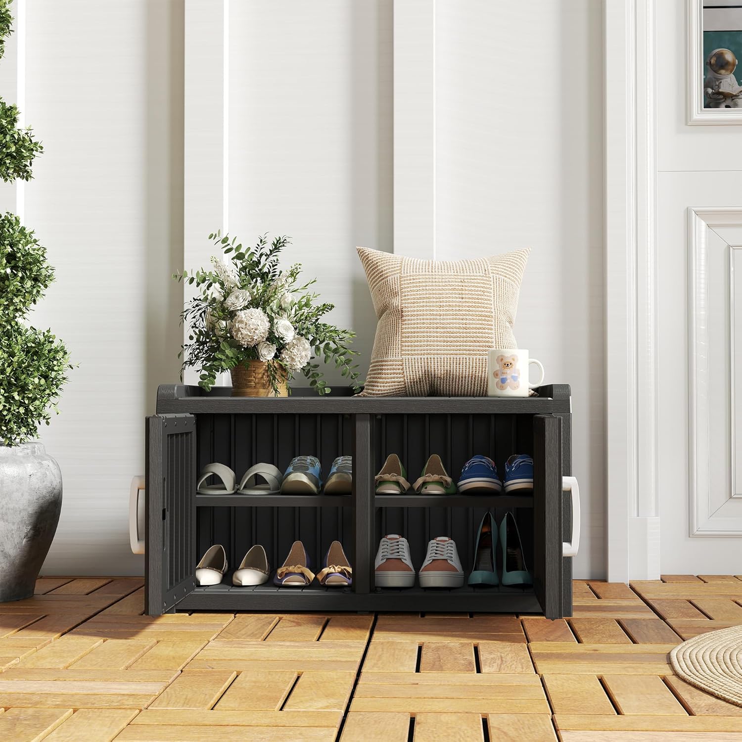 NUNU LAB Shoe Cabinet, Waterproof UV-Resistant Shoe Storage Cabinet with Adjustable Shelves, Entryway Shoe Organizer Bench with 2 Barn Doors for Foyer, Hallway, Living Room, Black