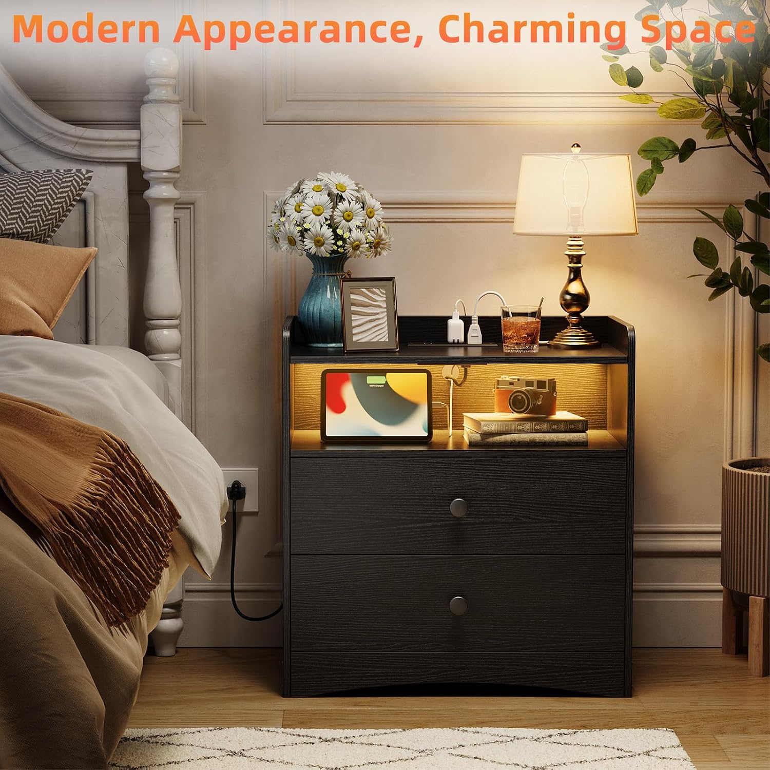 Memobarco 2 Pack Nightstand with Charging Station and LED Light, Black | Modern Nightstand, USB Ports, Outlets, Wooden Bedside Table, 2 Storage Drawers, Small Dresser, Bedroom, Small Space