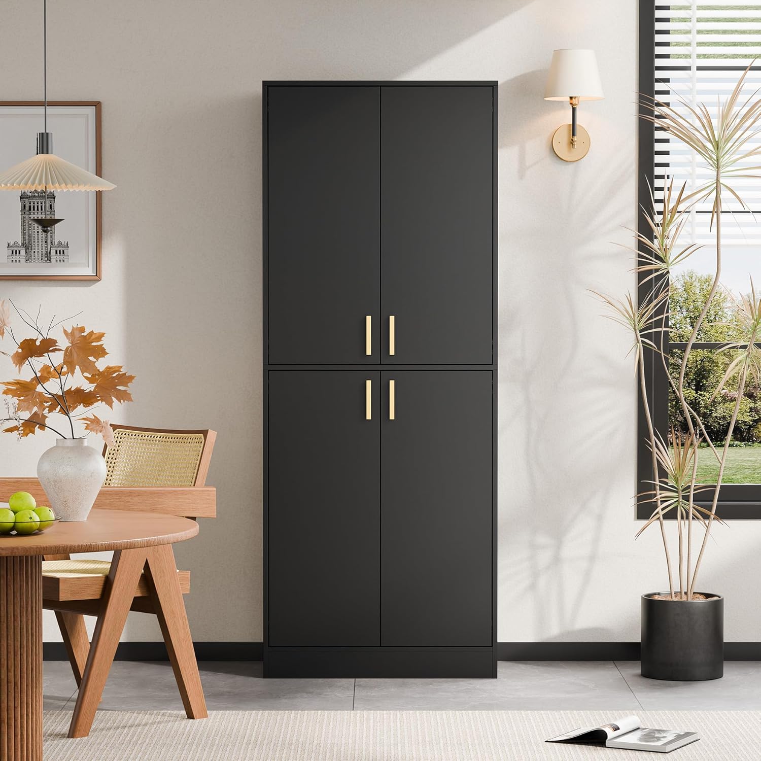 Cozy Castle Kitchen Pantry Cabinet, 71" Tall Wood Storage Cabinet with Doors and Shelves 4 Doors Freestanding Cupboard for Dining Room Living Room Furniture, Black | Wood Storage Cabinet