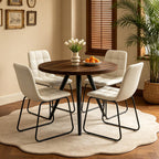 34.6" Round Dining Table Set for 4, Modern Kitchen Coffee Table Set with 4 Faux Leather Chairs, MDF Small Space Saving Dining Room Table and Chairs Set (Walnut Table+4 Beige U-Shaped Chairs)