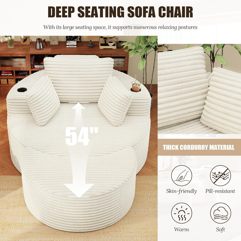 Round Chaise Lounge with Ottoman, Cloud Corduroy Curved Reading Lounge Sofa Chair with Cup Holders, Circle Memory Foam Chaise Chair and Ottoman Set for Study, Living Room, Sunroom, Beige