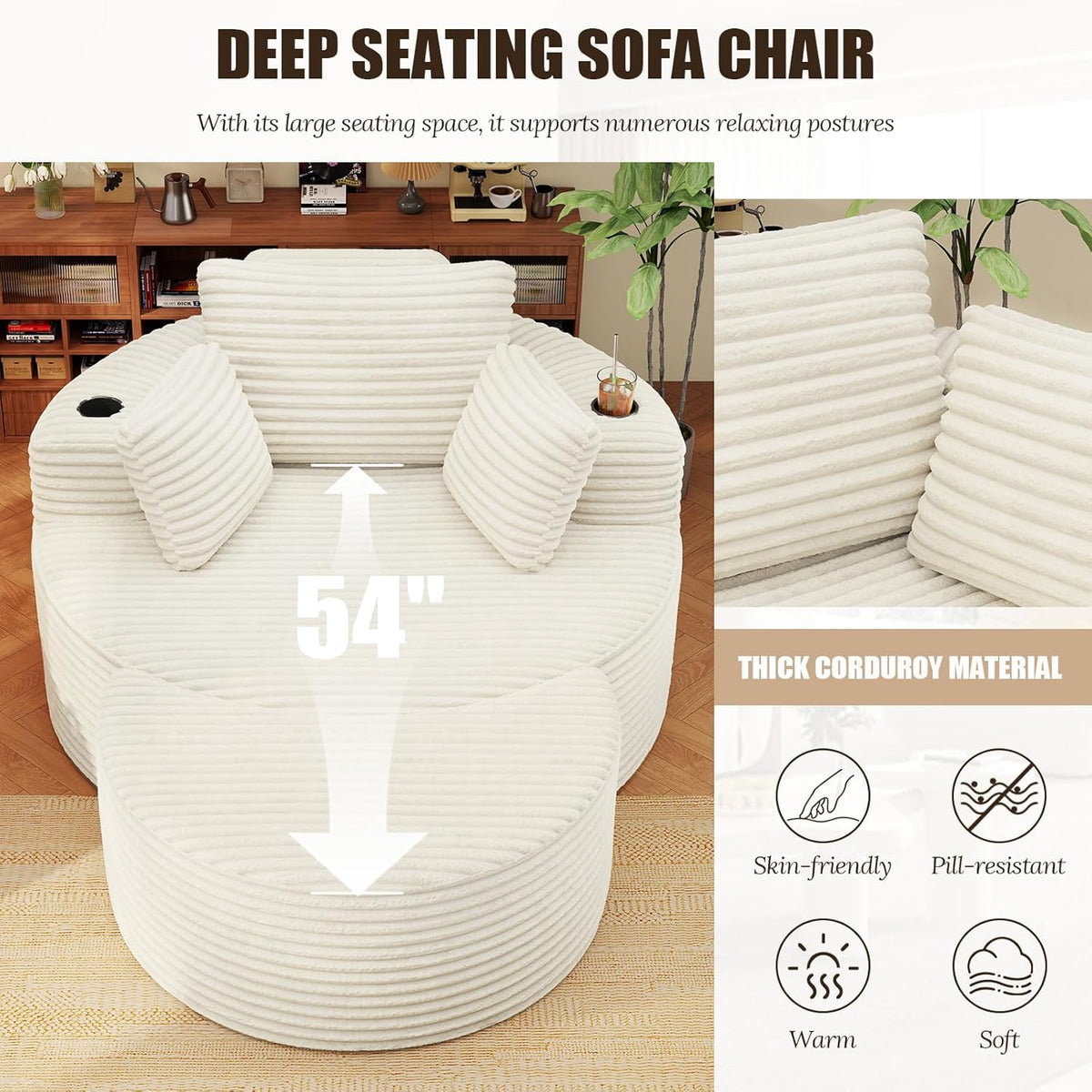 Round Chaise Lounge with Ottoman, Cloud Corduroy Curved Reading Lounge Sofa Chair with Cup Holders, Circle Memory Foam Chaise Chair and Ottoman Set for Study, Living Room, Sunroom, Beige