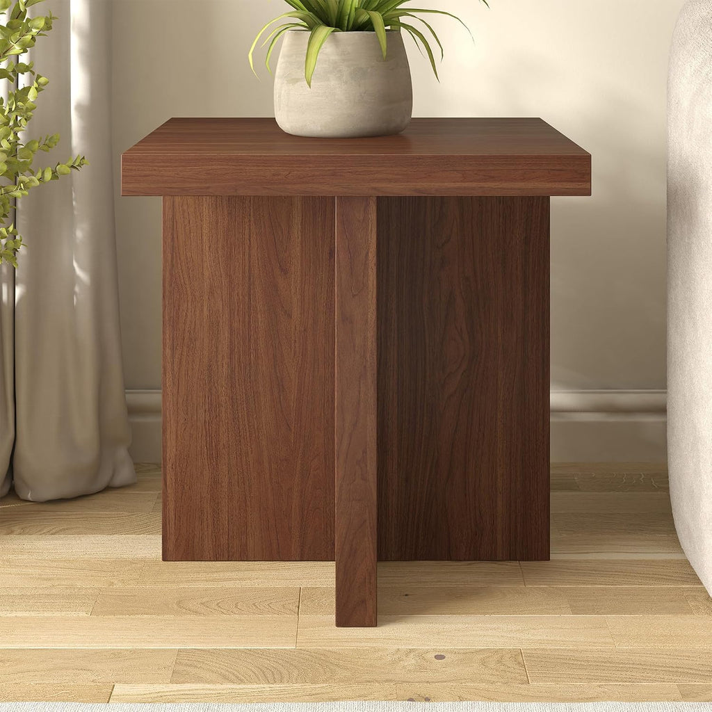 Henn&Hart 22" Scandinavian Wooden Square End Table, Side Table, Nightstand with X-Base for Living Room, Office, Family Room, or Bedroom, Medium Walnut