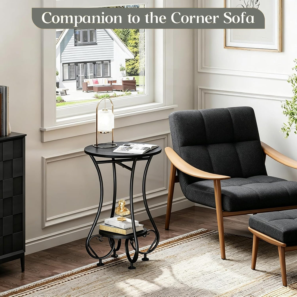 X-cosrack Small Round Side Table,Round End Table for Small Spaces - Black Metal Nightstand with Adjustable Feet,Couch Sofa Coffee Table,Retro Accent Table for Living Room Bedroom Balcony
