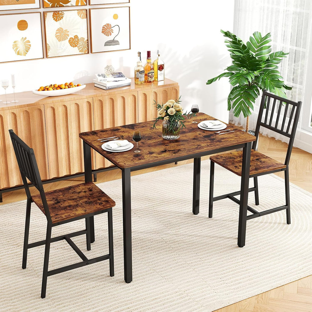 Yafylly Small Space 3 Piece Dining Table Set for 2, Compact Kitchen Table Set with 2 Chairs & Adjustable Feet, Modern Breakfast Nook Furniture for Apartment, Dorm, or Home, Rustic Brown