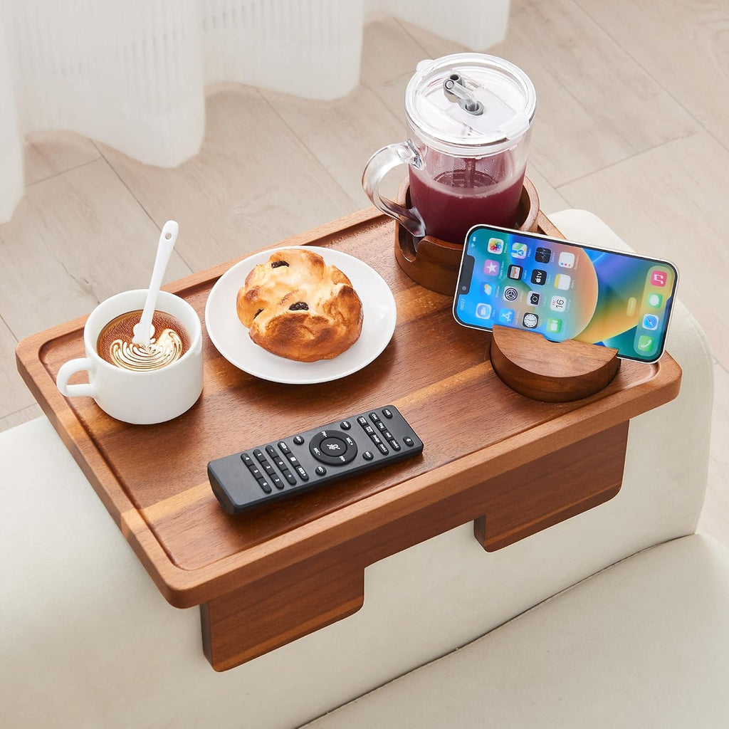 GEHE Real Acacia Wood Couch Armrest Table, 15.4"x9.8" Couch Arm Tray Table, 3 in 1 Removable Sofa Cup Holder wtih 360° Rotated Phone Holder, Clip on Armrest Tray for Drinks, Snacks, Phone, Control