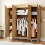 71" H Arched Armoire Wardrobe Closet with 4 Doors, Wooden, Natural