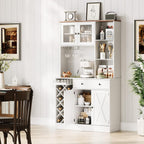 72'' Tall Kitchen Pantry Cabinet with Built-in Power Outlet, Farmhouse Sliding Barn Door Sideboard Buffet, Wine Bottle Rack & Adjustable Shelves, Modern Storage Cabinet for Kitchen Dining Room Home Ba