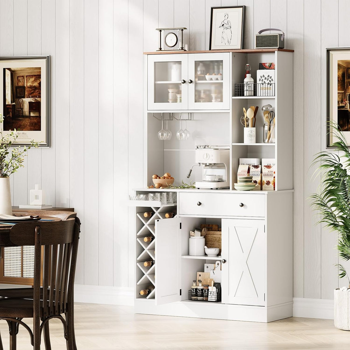 72'' Tall Kitchen Pantry Cabinet with Built-in Power Outlet, Farmhouse Sliding Barn Door Sideboard Buffet, Wine Bottle Rack & Adjustable Shelves, Modern Storage Cabinet for Kitchen Dining Room Home Ba