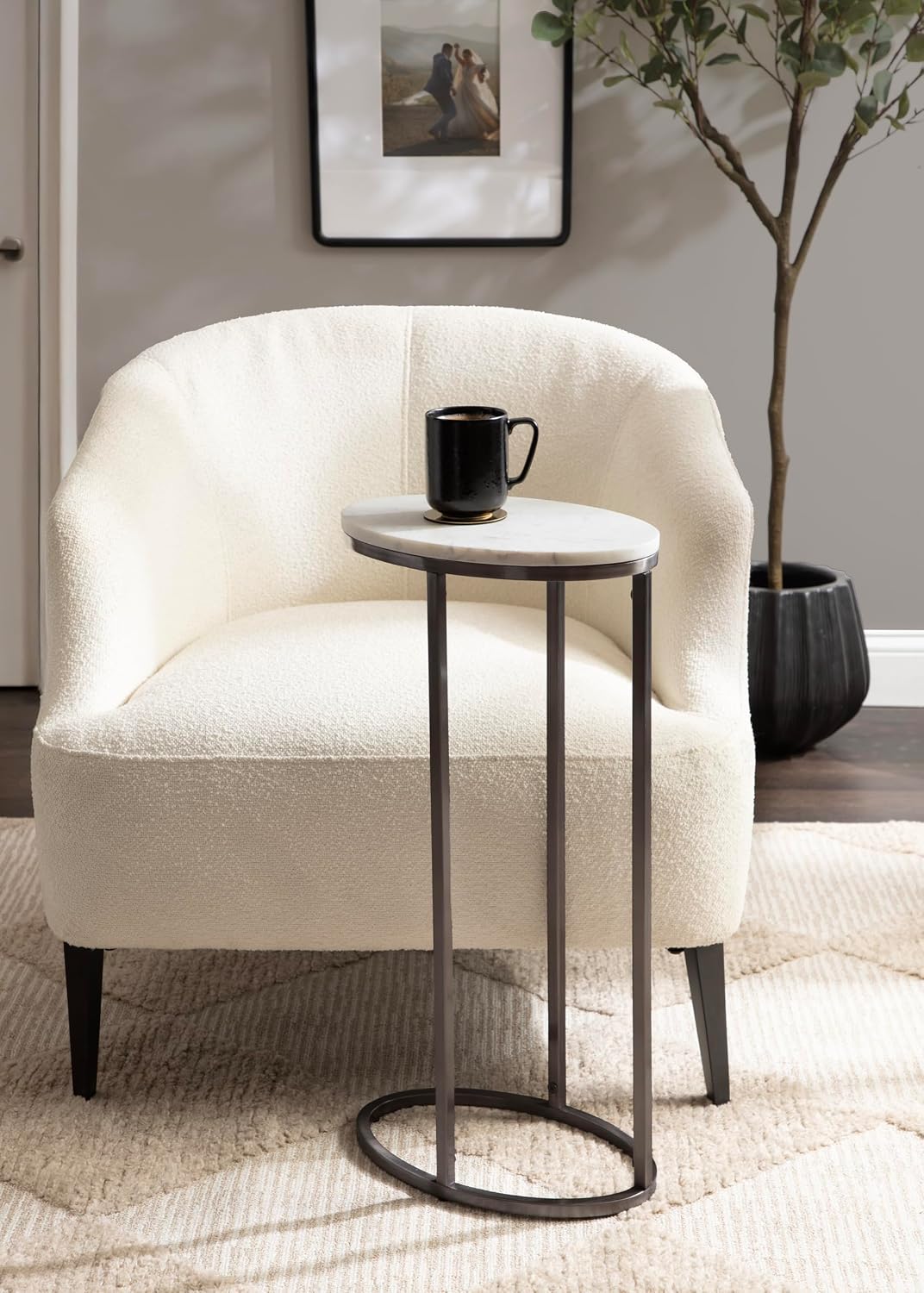 Kate and Laurel Natalli Modern Glam Oval C-Table, 14 x 9 x 28, White Marble and Gray Gunmetal, Elegant C-Shaped Side Table with Marble Tabletop and Space Saving Design