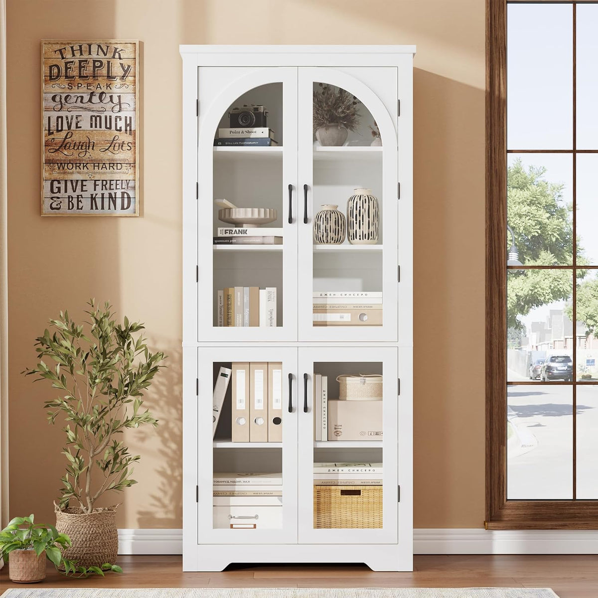 Garvee 70" Tall Kitchen Pantry Cabinet - Modern Display Cabinet with 4 Arched Glass Doors and Adjustable Shelves, Versatile Cupboard Organizers for Kitchen, Dining Room, Living Room, Bathroom, White