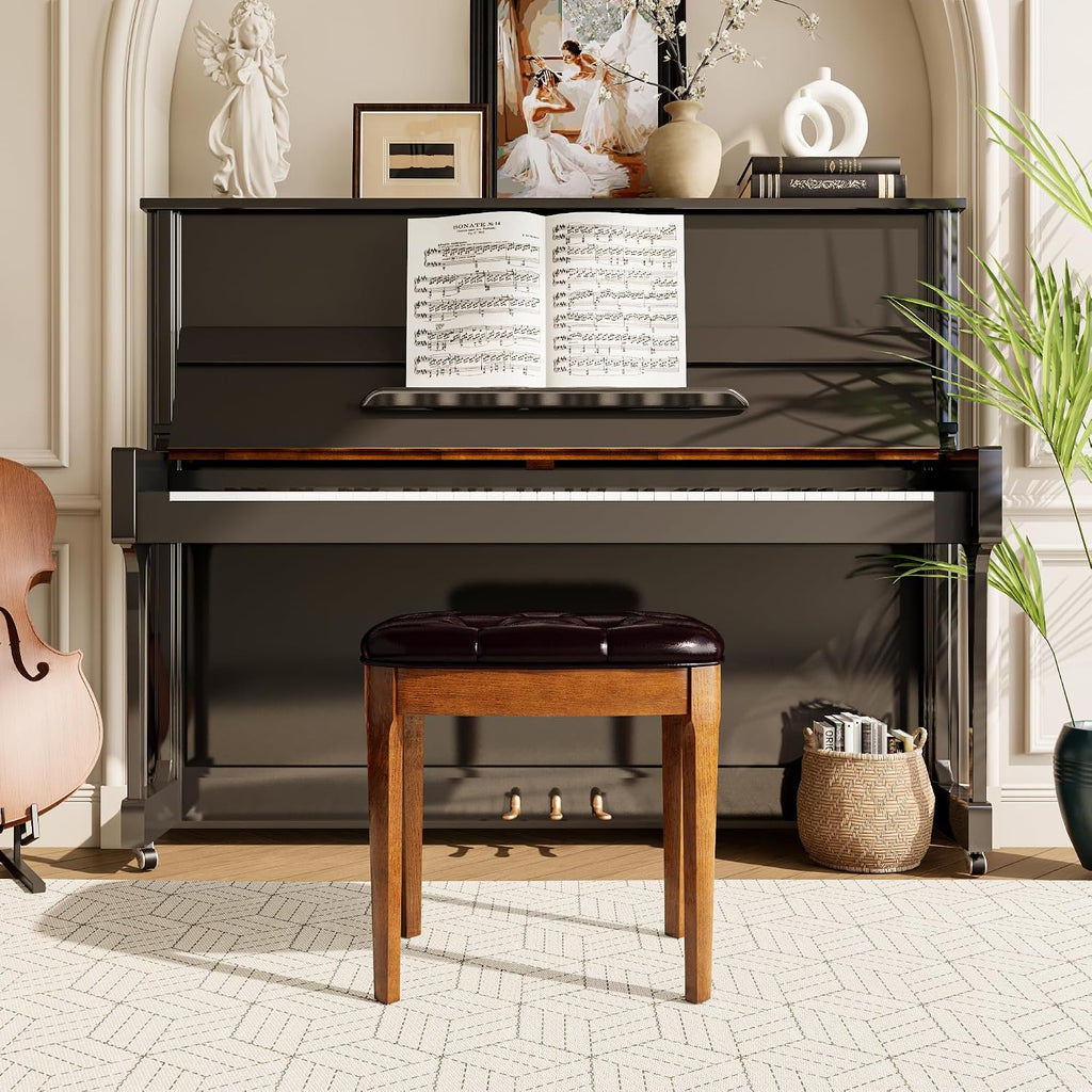 Vanity Stool Bench with Upholstered, Modern Luxury Wood Stool ,Ottoman Shoe Bench for Living Room, Vanity, Entryway, 19.3"L x 14.9"W x 19.3"H Easy Assembly, Beeswax Leg & Dark Brown FD-HNY-DB