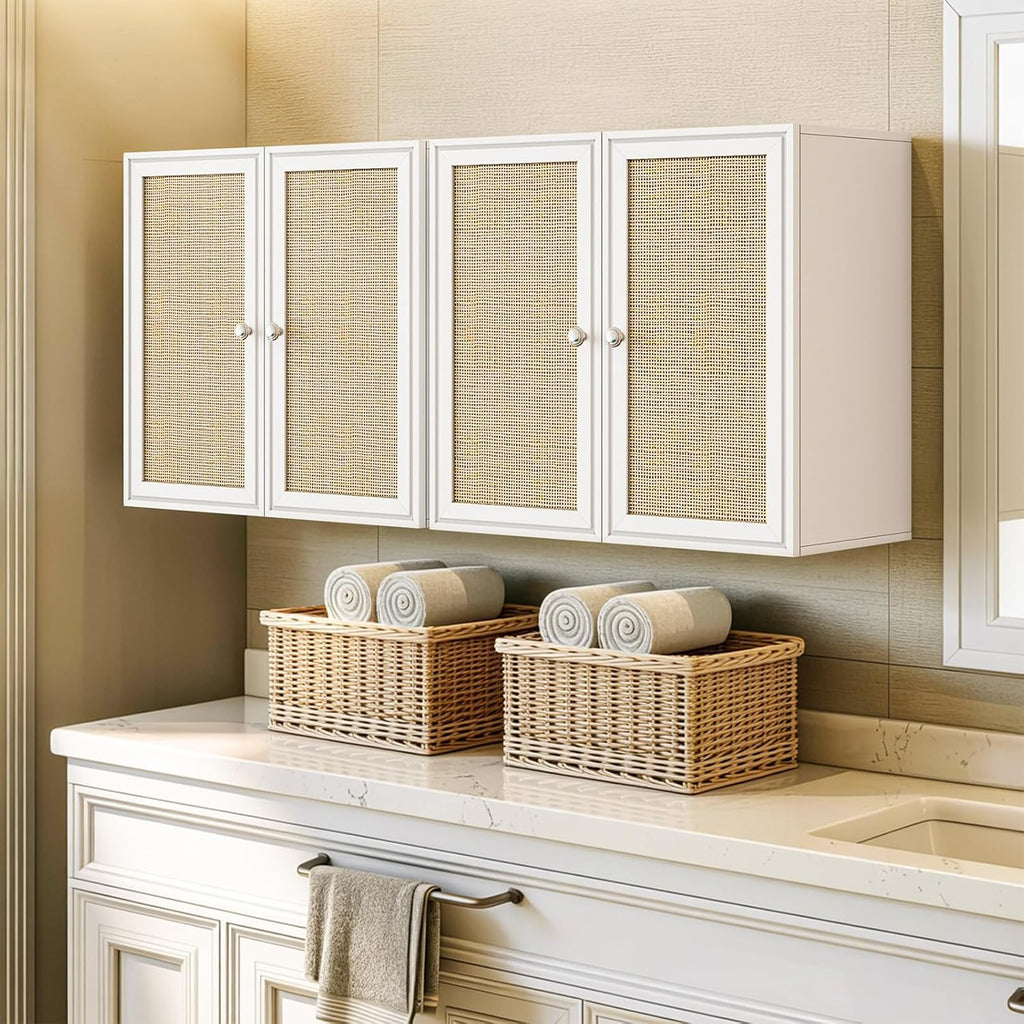 Laundry Room Cabinets with Lights, 24INCH Bathroom Cabinets Wall Mounted with Adjustable Shelves, Rattan Wall Cabinet for Bedroom, Kitchen, Bathroom (2PCS, White)