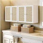 Laundry Room Cabinets with Lights, 24INCH Bathroom Cabinets Wall Mounted with Adjustable Shelves, Rattan Wall Cabinet for Bedroom, Kitchen, Bathroom (2PCS, White)