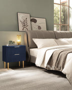 SICOTAS Night Stand Set 2, Fluted Glossy Nightstands Set of 2 with Drawers | Wide Modern Blue Storage Bedside Table for Bedroom, End Side Table with Golden Metal Legs and Handles, 2 Pieces