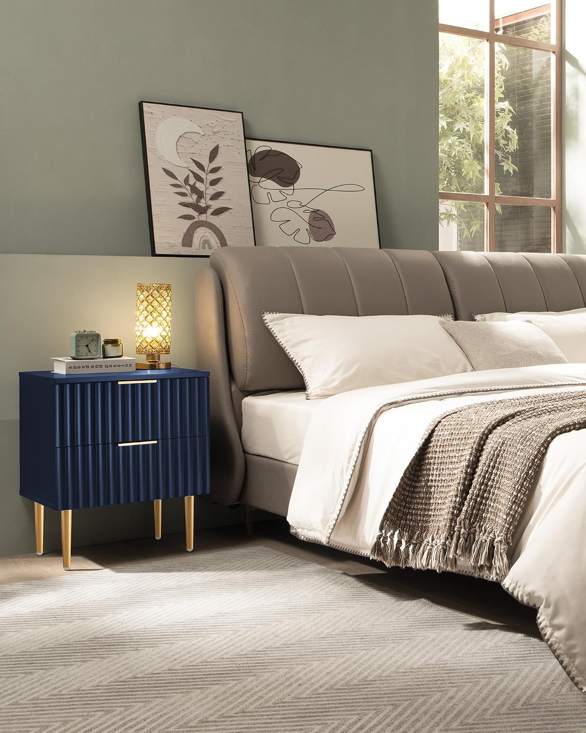 SICOTAS Night Stand Set 2, Fluted Glossy Nightstands Set of 2 with Drawers | Wide Modern Blue Storage Bedside Table for Bedroom, End Side Table with Golden Metal Legs and Handles, 2 Pieces