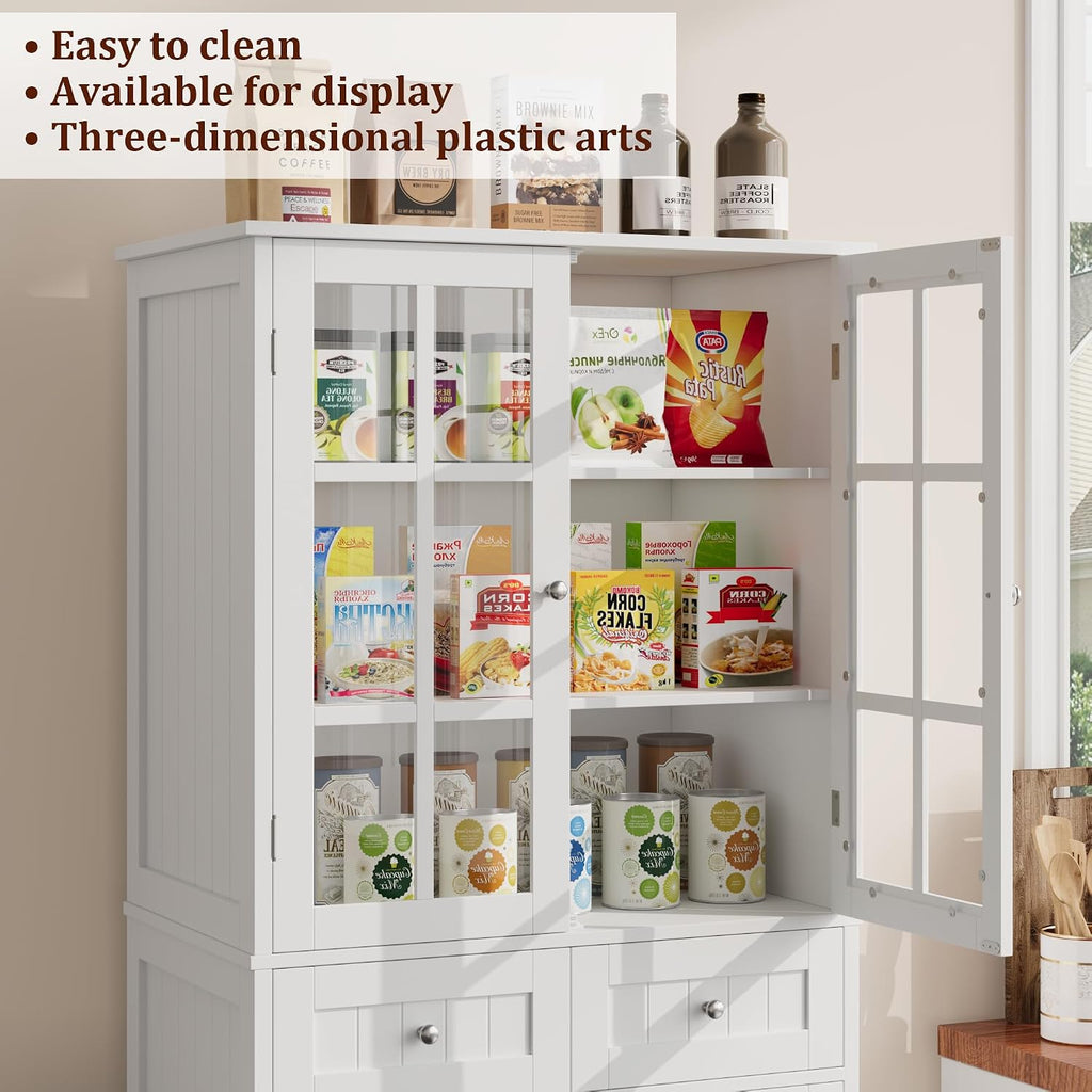 BOTLOG 71" Tall Kitchen Pantry Storage Cabinet, Pantry Cabinet with Drawers and Glass Doors, Freestanding Kitchen Cupboard for Dining Room, Laundry, White
