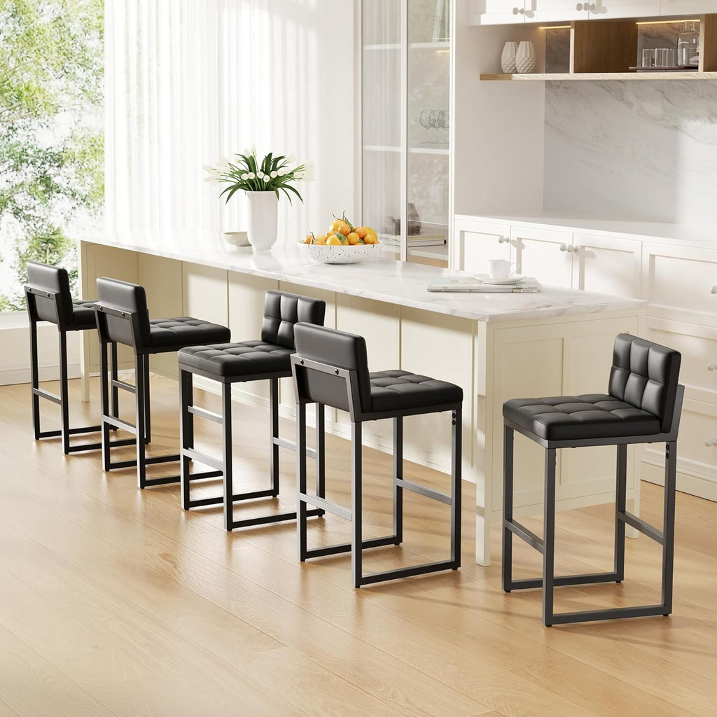 Bar Stools Set of 2, Modern Counter Height Bar Stools, Black | 24" Faux Leather Bar Chairs with Back, Footrest, Sturdy Thickened Metal Leg, Upholstered Counter Stools for Kitchen Island