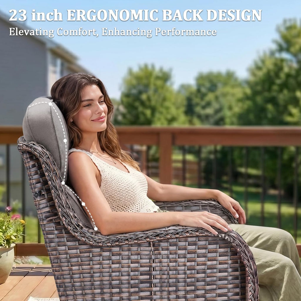Luxury Swivel Rocker Chairs Fire Pit Table Set with 6" Thick Cushion 4 piece Wicker Outdoor Patio Chair with Sofa,Comfortable High Back Outdoor Patio Furniture Set - Brown | Gery