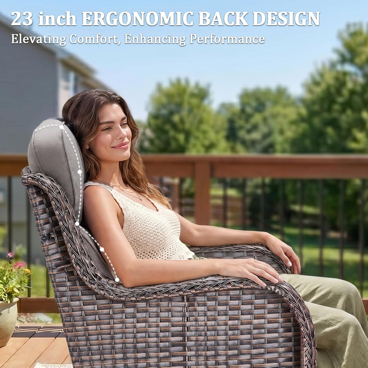 Luxury Swivel Rocker Chairs Fire Pit Table Set with 6" Thick Cushion 4 piece Wicker Outdoor Patio Chair with Sofa,Comfortable High Back Outdoor Patio Furniture Set - Brown | Gery