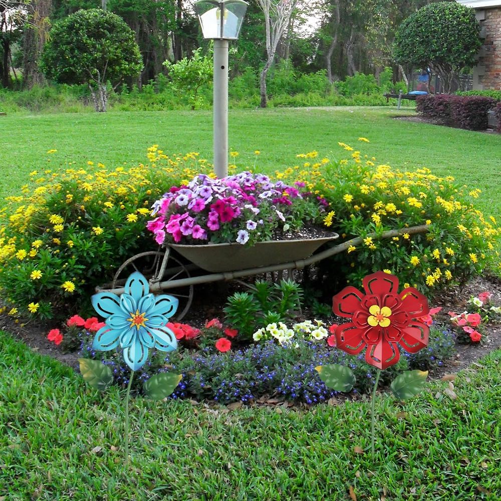 hogardeck Metal Flower Decorative Garden Stakes, 2 Pack 22" Outdoor Garden Decor with Shaking Flower Head Yard Stakes, Yard Art Spring Decorations for Patio Lawn (Blue & Red)