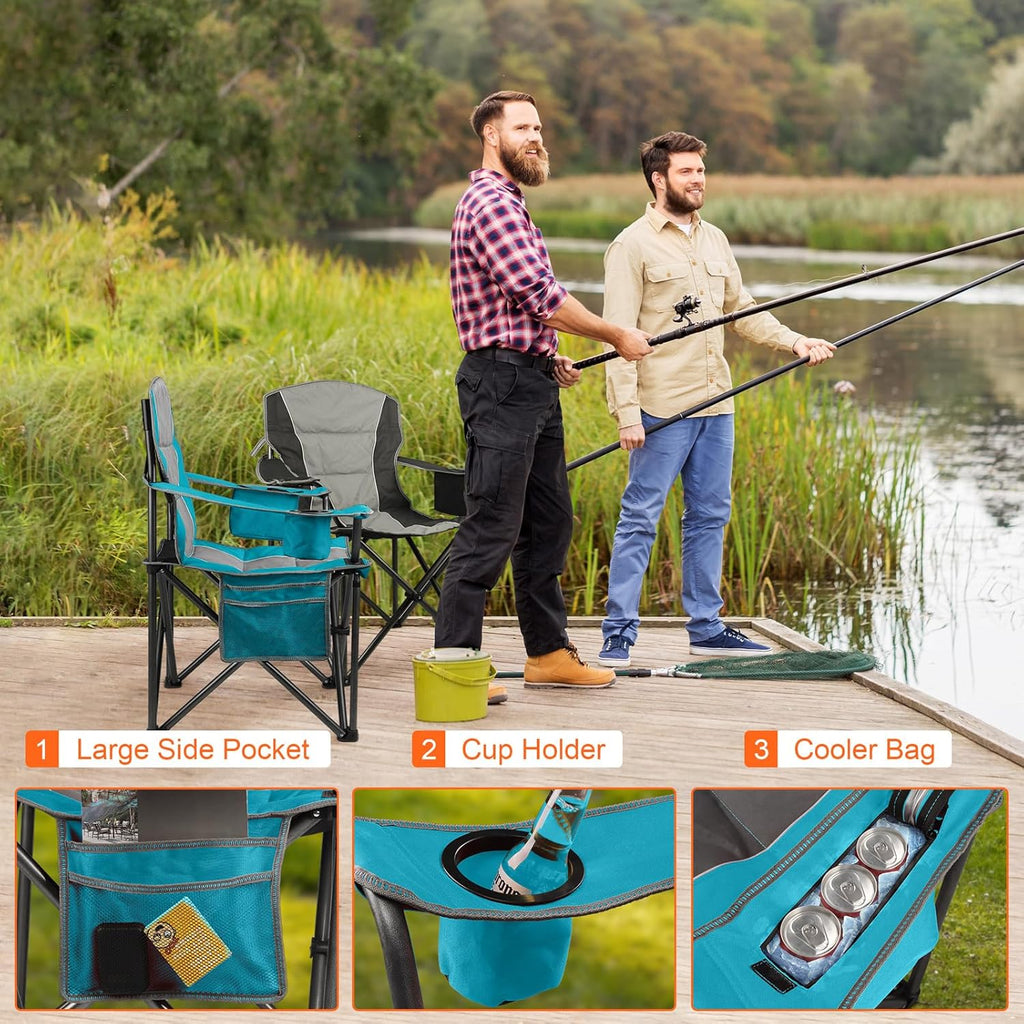 Oversized Padded Camping Chairs for Adults,Heavy Duty Support 400 Lbs,Folding Portable Lawn Chair w/Cup Holder,Cooler Bag,Side Pocket,Perfect for Outdoor Picnic,Hiking(Blue)