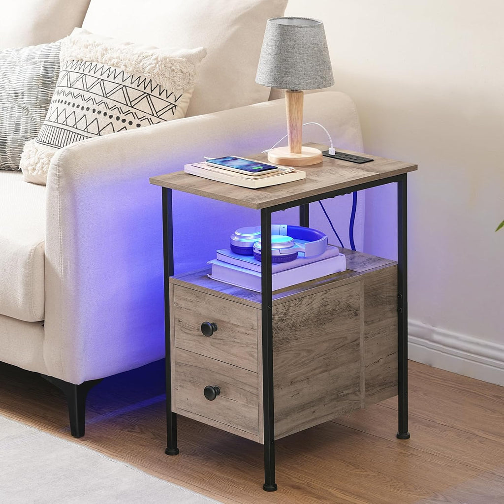 HOOBRO End Table with Charging Station & Led Light, Flip-Top Narrow Side Table with 2 Drawers, Nightstand for Small Spaces, Bedroom, Living Room, Stable and Sturdy, Greige and Black BG436UDBZ01