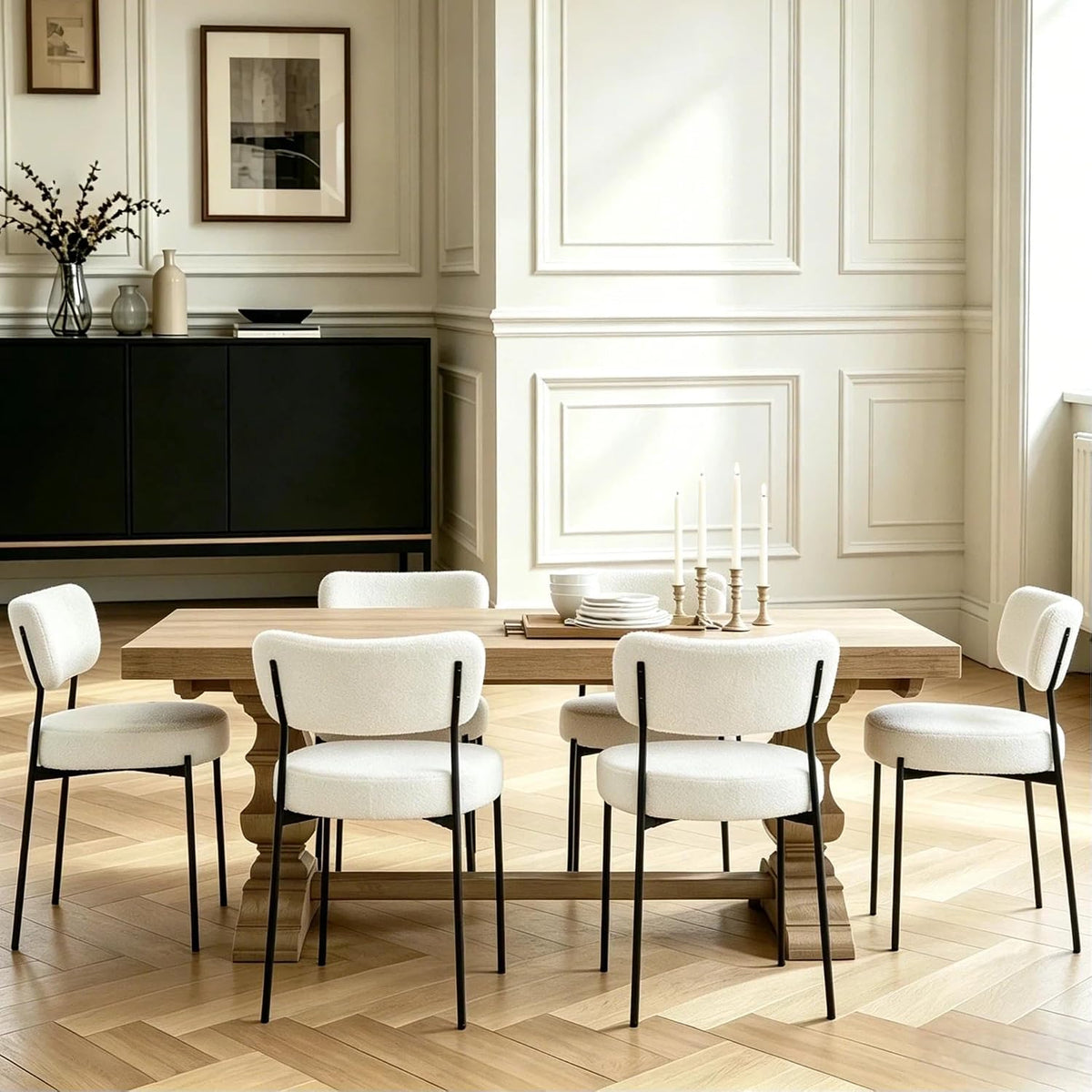 Boucle Dining Chair Set of 6, Mid Century Modern Upholstered Kitchen Chairs with Curved Backrest & Black Metal Legs, Round Dining Room Chairs, White
