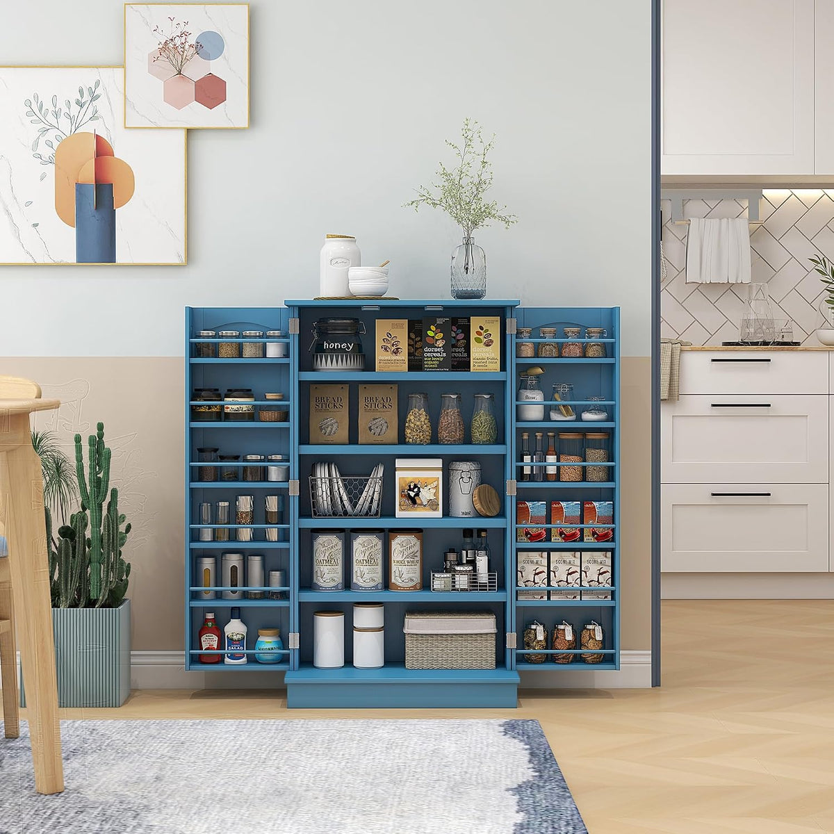 Storage Cabinet, 41" Kitchen Pantry with 12 Door Shelves and Adjustable Shelving, Double Doors, Blue