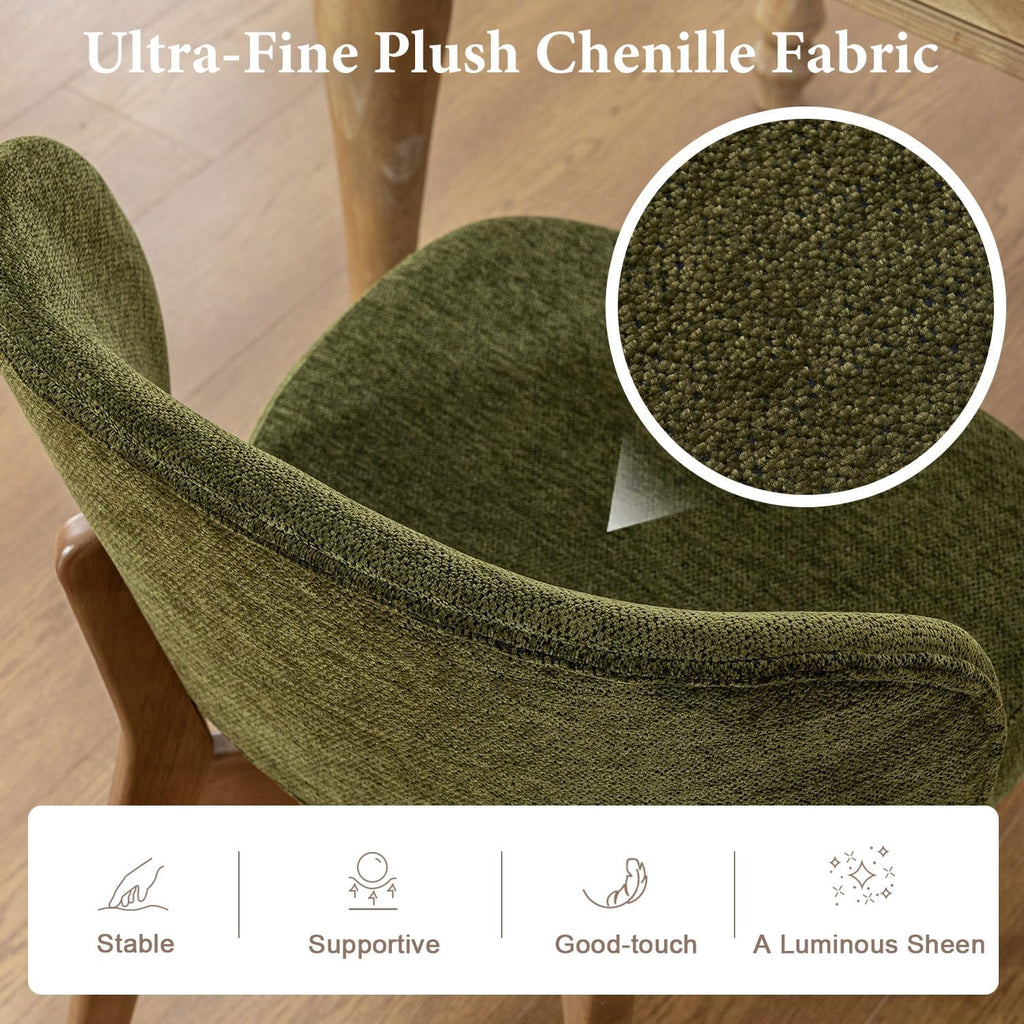 YOUNUOKE Single Dining Chair Modern Dining Room Chair Green | Upholstered Chenille Fabric Kitchen Chair, Widen Curved Backrest Comfy Side Accent Chairs with Wide Padded, Wood Legs