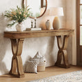 63-Inch Solid Wood Console Table, Farmhouse Entryway Table with X-Shaped Legs, Long Sofa Table for Living Room, Hallway, or Foyer, Easy Assembly, Anti-tip Kits