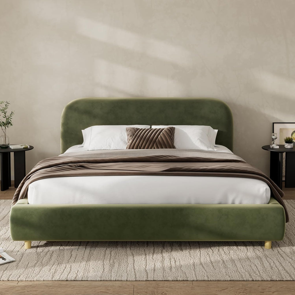 Merax Queen Velvet Fabric Platform Bed with Curved Headboard, Olive Green