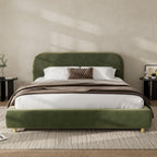 Merax Queen Velvet Fabric Platform Bed with Curved Headboard, Olive Green