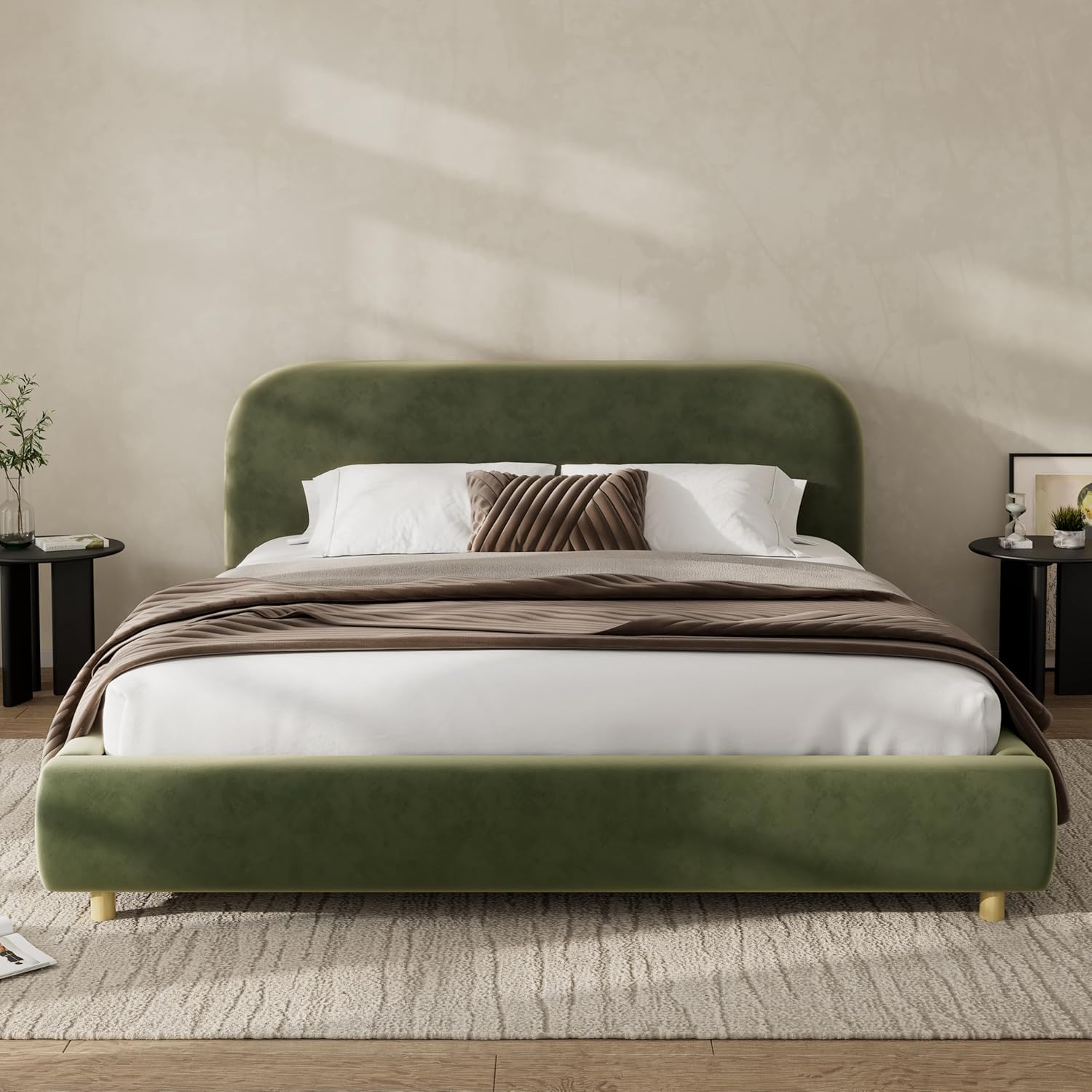 Merax Queen Velvet Fabric Platform Bed with Curved Headboard, Olive Green