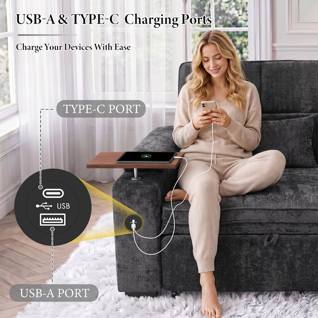 Dreamzie 65'' Convertible Sleeper Sofa Bed with Swivel Side Table, Chenille Pull Out Couch for Living Room, Loveseat Sleeper Couch with Hidden Storage Space | Charging Port | Cup Holders, Grey