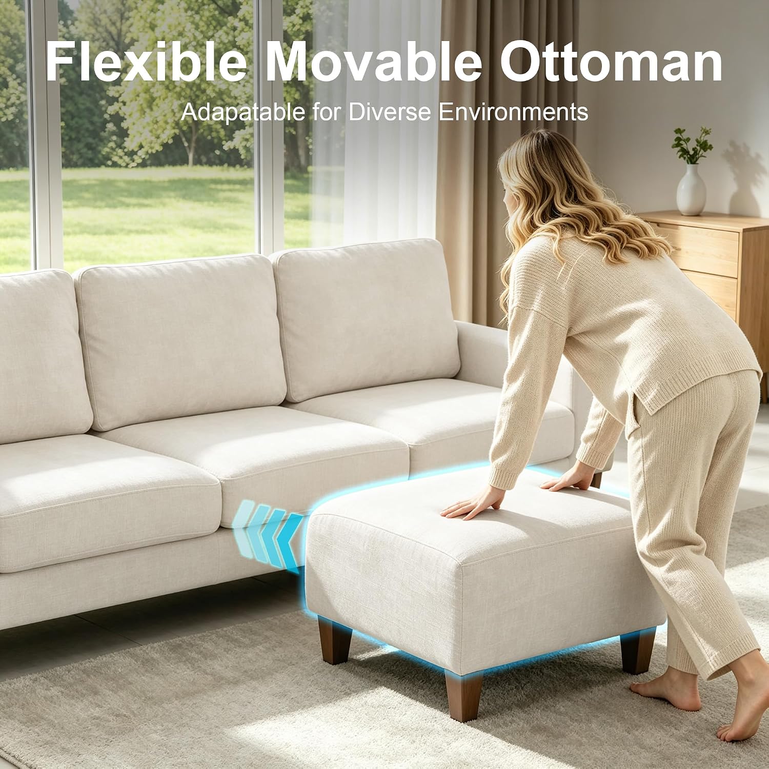 L Shaped Sectional Couch for Living Room, Modular Small Sofa with Ottoman | 96 Inch, 3 Deep Seats, White, Chenille, Easy Tool-Free Assembly, Modern Compact Sofa Set for Apartment, Office, Small Space