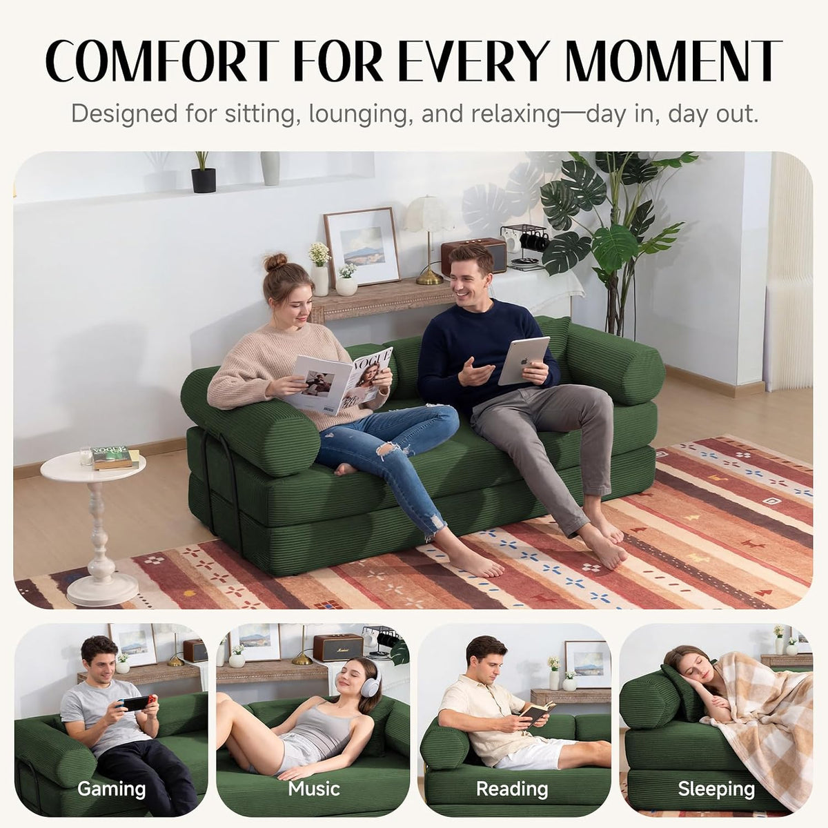 79" Corduroy Sofa Bed, Couch in a Box with 2 Pillows, High-Density Foam 4-in-1 Foldable Sleeper Futon Loveseat for Small Spaces, No Assembly, Side Pockets, Hex Arm Hunter Green