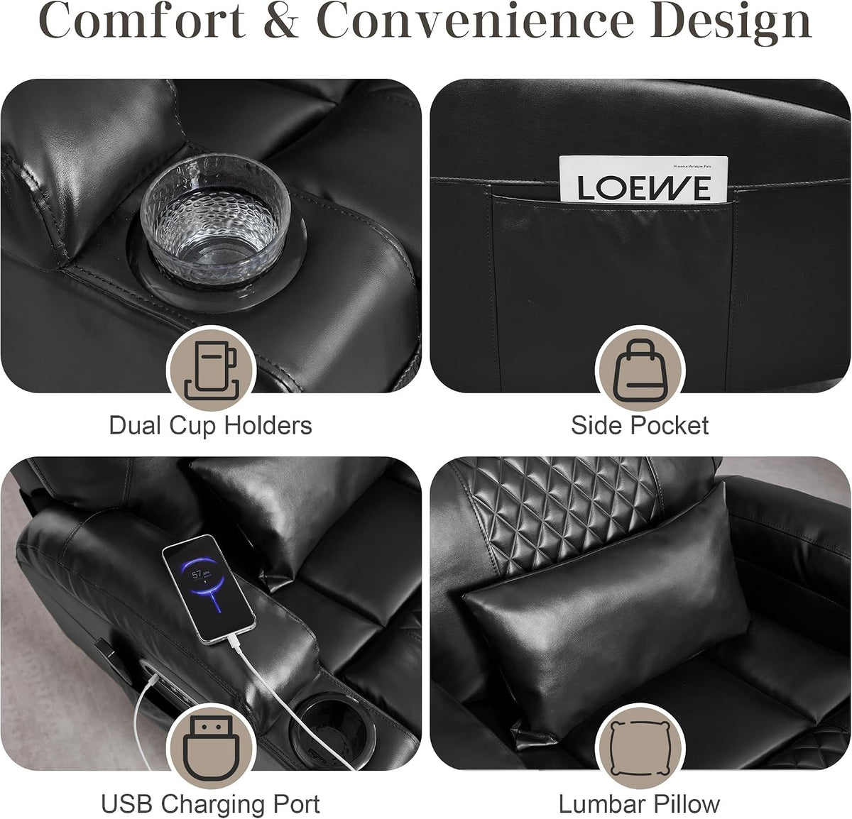 AHMED Dual Motor Power Swivel Rocker Recliner Chair, Faux Leather, Black | Electric Glider Rocking Chair, Massage & Heat, Cup Holders, LED Lights, USB A/USB C Ports