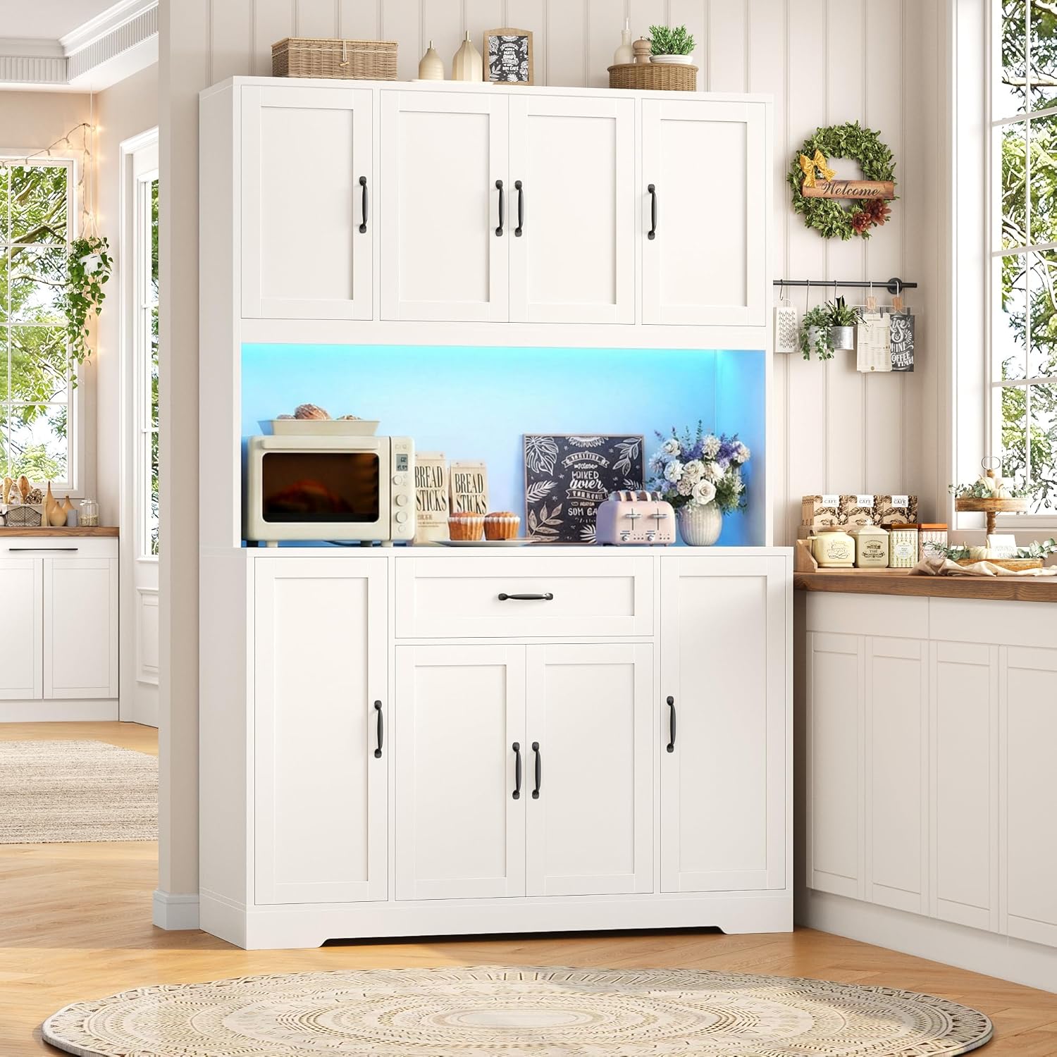 HITHOS 70" LED Kitchen Pantry Cabinet with Charging Station, 47" Wide Pantry Storage Cabinet with Large Microwave Stand, Modern Kitchen Hutch with Drawers and Cabinets for Dining Room, White