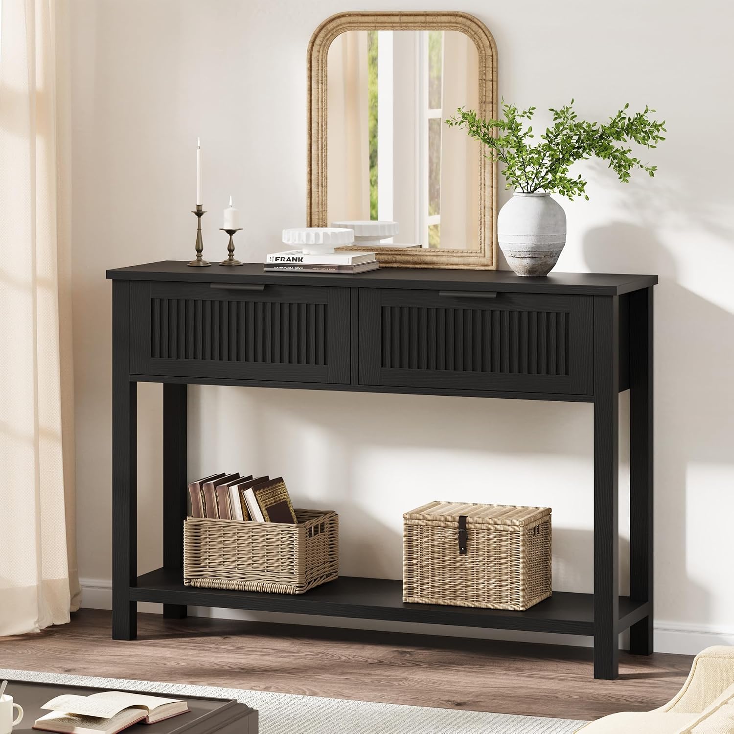 GAOMON Farmhouse Entryway Table with 2 Drawers, 43 Inch Wood Fluted Console Table with Shelf, 2 Tier Sofa Table with Storage for Living Room, Foyer Tables for Entryway-Black