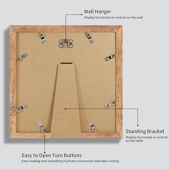 12x12 Picture Frame Set of 4 with Tempered Glass, Rustic Brown Frame Display 10x10 Pictures with Mat or 12 x 12 Without Mat, Wood Square Photo Frames for Desktop Display and Wall Mounting