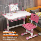 Kids Desk and Chair Set with LED Light | Adjustable Children's Study Table with Tiltable Book Stand & Large Drawer for Bedroom or Living Room (Pink/Blue) (Pink)