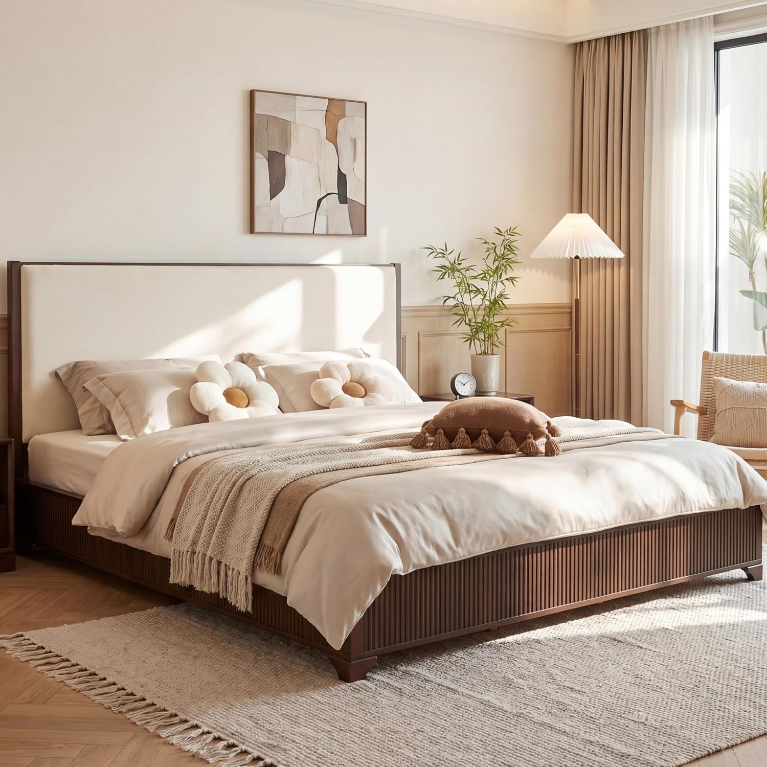 King Size Wood Platform Bed with Fluted Footboard & Fabric Upholstered Headboard, Low Profile Wooden Bed Frame with Wood Slats Support, Dark Walnut,White