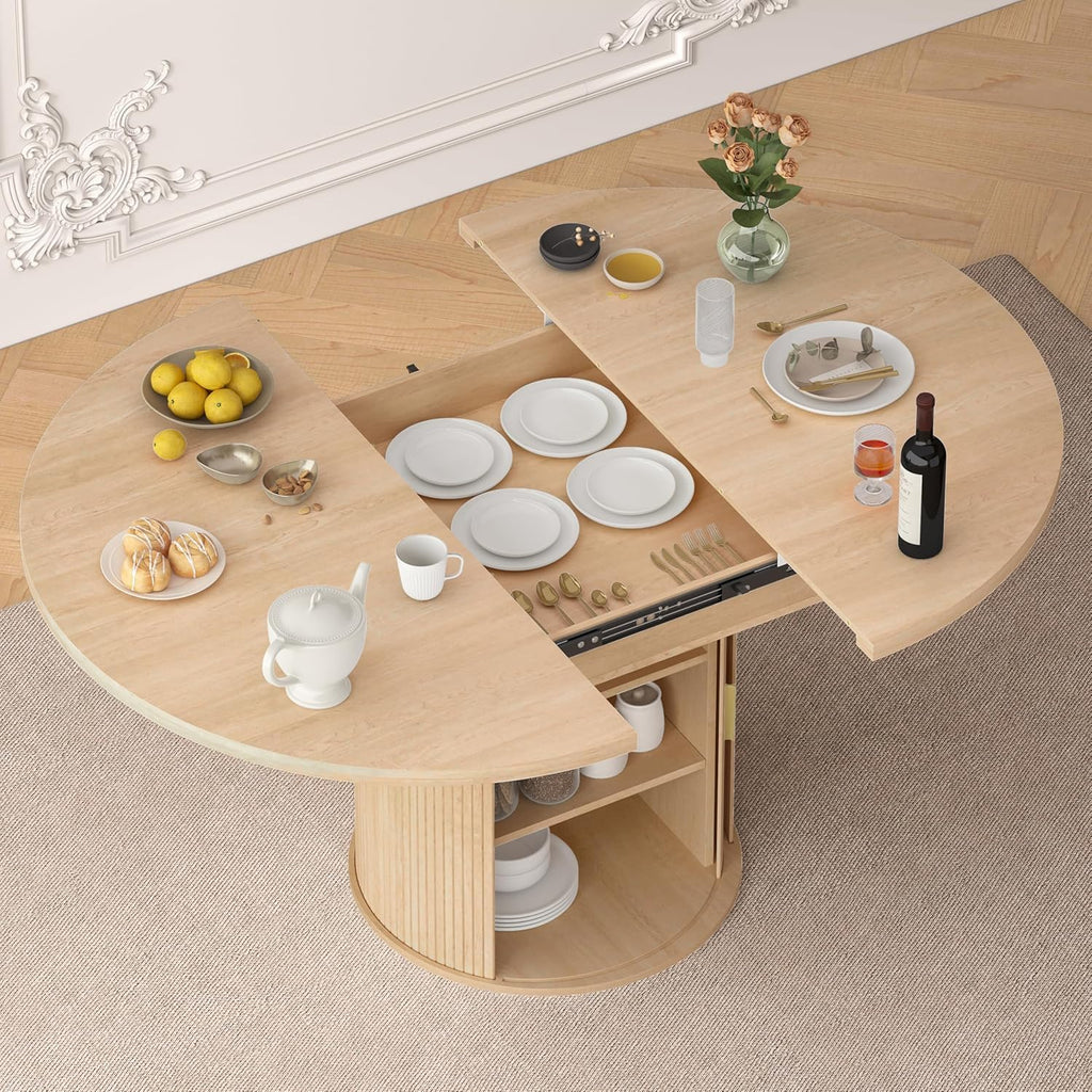 Extendable Round Dining Table: 47″–63″ Kitchen Table for 4 6 8 with Dust-Proof 2-Tier Storage Shelf Space Saving, Modern Farmhouse Expandable Wood Oval Circle Dinner Furniture with Pedestal Base